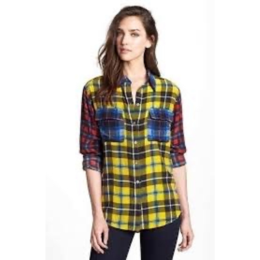Anthropologie Equipment Femme Yellow Plaid Silk Blouse | Size Small | 100% Silk